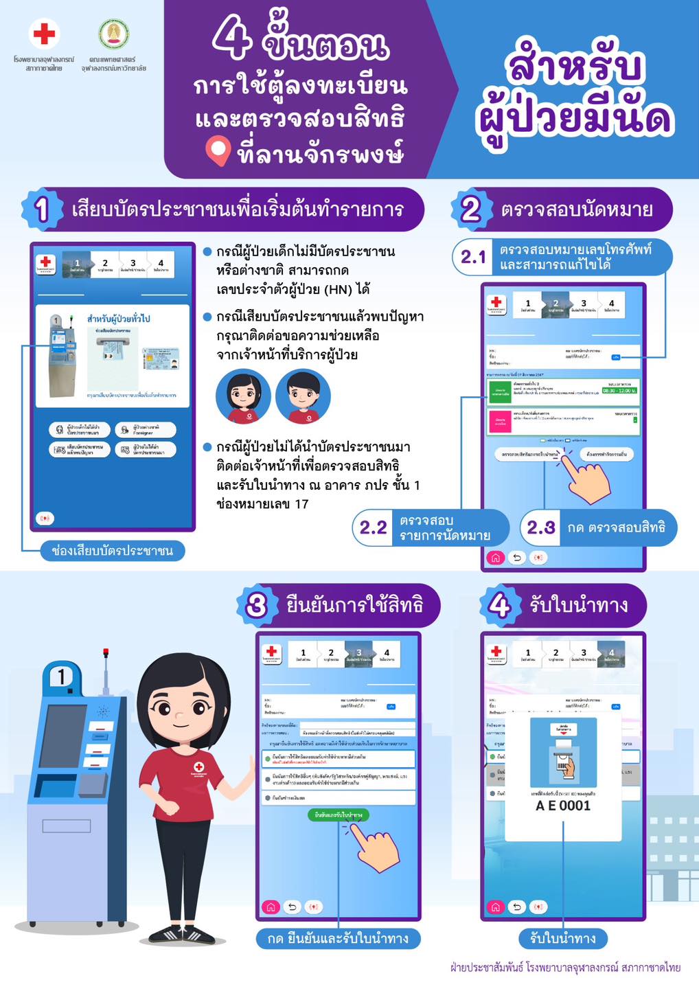 ขั้นตอนการลงทะเบียนเพื่อเข้ารับการตรวจผู้ป่วยนอกที่โรงพยาบาลจุฬาลงกรณ์ สภากาชาดไทย (สำหรับผู้ป่วยที่มีนัด)